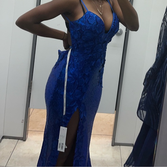 Blue Sequened Prom Dress, Floral Top, Open Back, Left Leg Slit - Picture 8 of 11